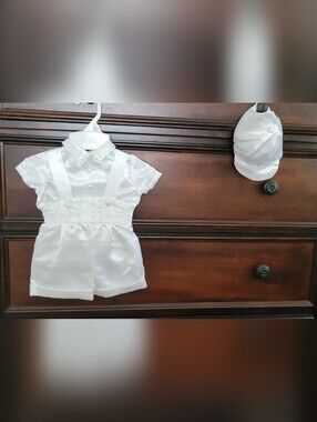 Elegant White Baby Boys' Baptism Romper with Cap
